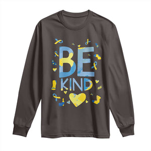 World Down Syndrome Day Long Sleeve Shirt Awareness Support Blue Yellow Ribbon Be Nice Kind TS10 Dark Chocolate Print Your Wear