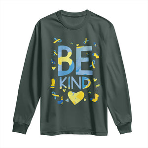 World Down Syndrome Day Long Sleeve Shirt Awareness Support Blue Yellow Ribbon Be Nice Kind TS10 Dark Forest Green Print Your Wear