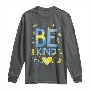 World Down Syndrome Day Long Sleeve Shirt Awareness Support Blue Yellow Ribbon Be Nice Kind TS10 Dark Heather Print Your Wear