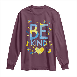 World Down Syndrome Day Long Sleeve Shirt Awareness Support Blue Yellow Ribbon Be Nice Kind TS10 Maroon Print Your Wear