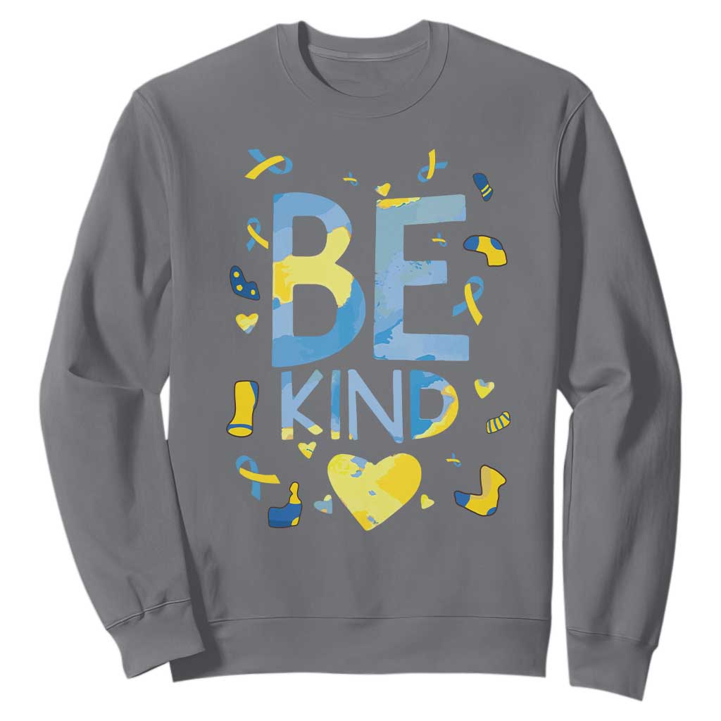 World Down Syndrome Day Sweatshirt Awareness Support Blue Yellow Ribbon Be Nice Kind TS10 Charcoal Print Your Wear