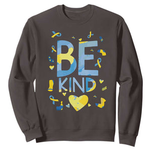 World Down Syndrome Day Sweatshirt Awareness Support Blue Yellow Ribbon Be Nice Kind TS10 Dark Chocolate Print Your Wear