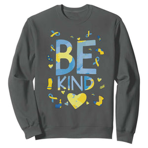 World Down Syndrome Day Sweatshirt Awareness Support Blue Yellow Ribbon Be Nice Kind TS10 Dark Heather Print Your Wear