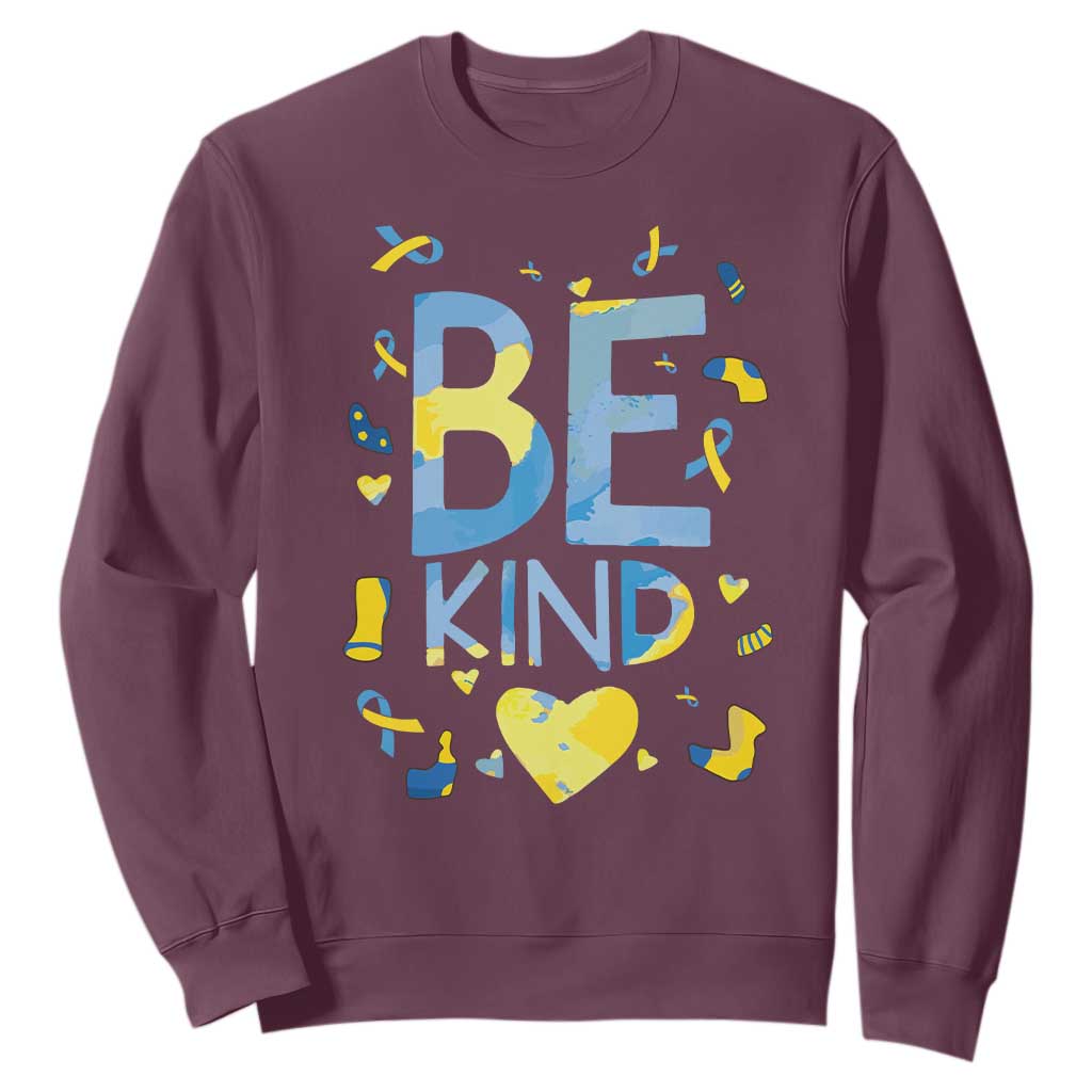 World Down Syndrome Day Sweatshirt Awareness Support Blue Yellow Ribbon Be Nice Kind TS10 Maroon Print Your Wear