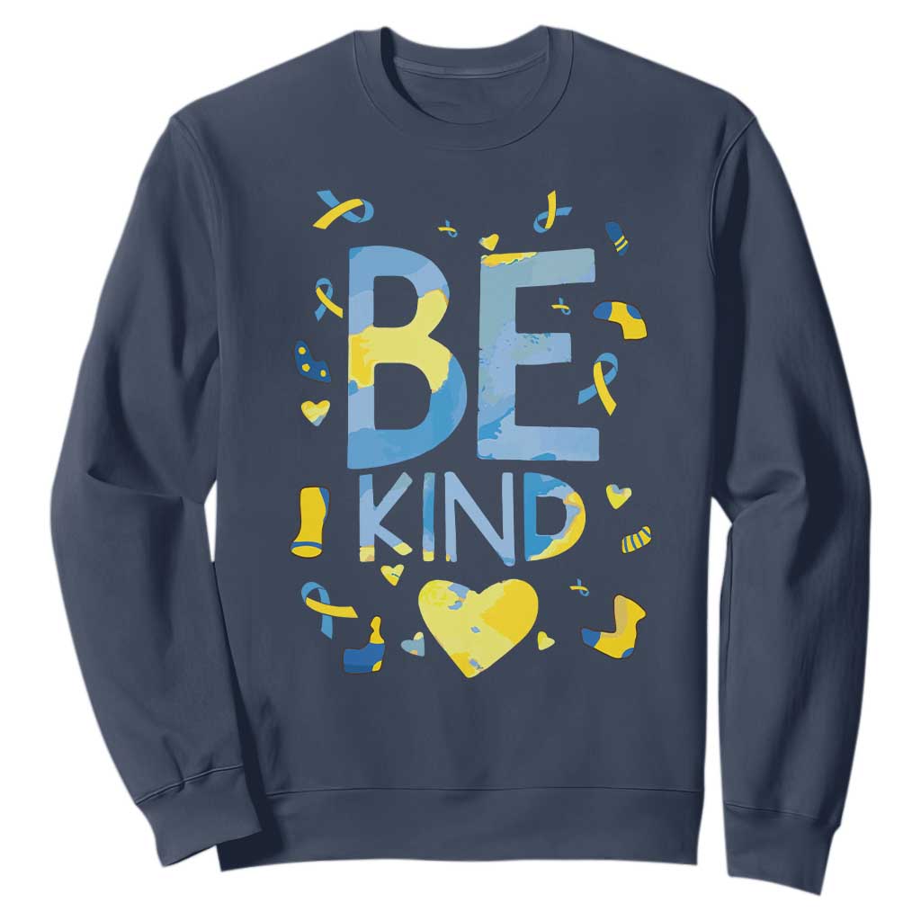 World Down Syndrome Day Sweatshirt Awareness Support Blue Yellow Ribbon Be Nice Kind TS10 Navy Print Your Wear