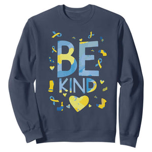World Down Syndrome Day Sweatshirt Awareness Support Blue Yellow Ribbon Be Nice Kind TS10 Navy Print Your Wear