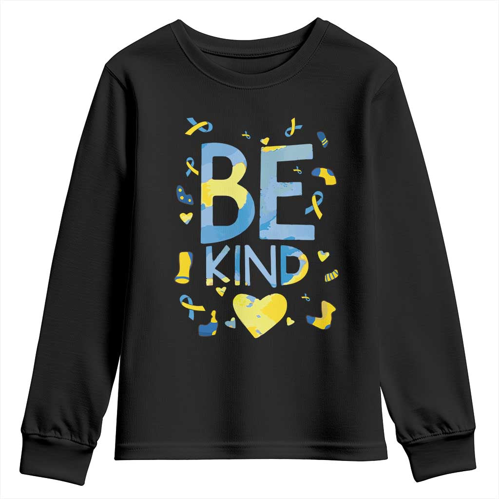 World Down Syndrome Day Youth Sweatshirt Awareness Support Blue Yellow Ribbon Be Nice Kind TS10 Black Print Your Wear