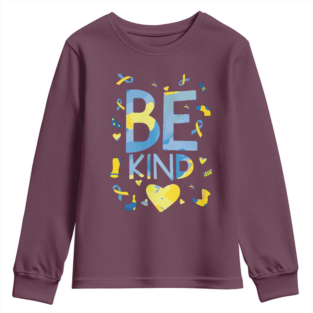 World Down Syndrome Day Youth Sweatshirt Awareness Support Blue Yellow Ribbon Be Nice Kind TS10 Maroon Print Your Wear