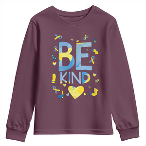 World Down Syndrome Day Youth Sweatshirt Awareness Support Blue Yellow Ribbon Be Nice Kind TS10 Maroon Print Your Wear