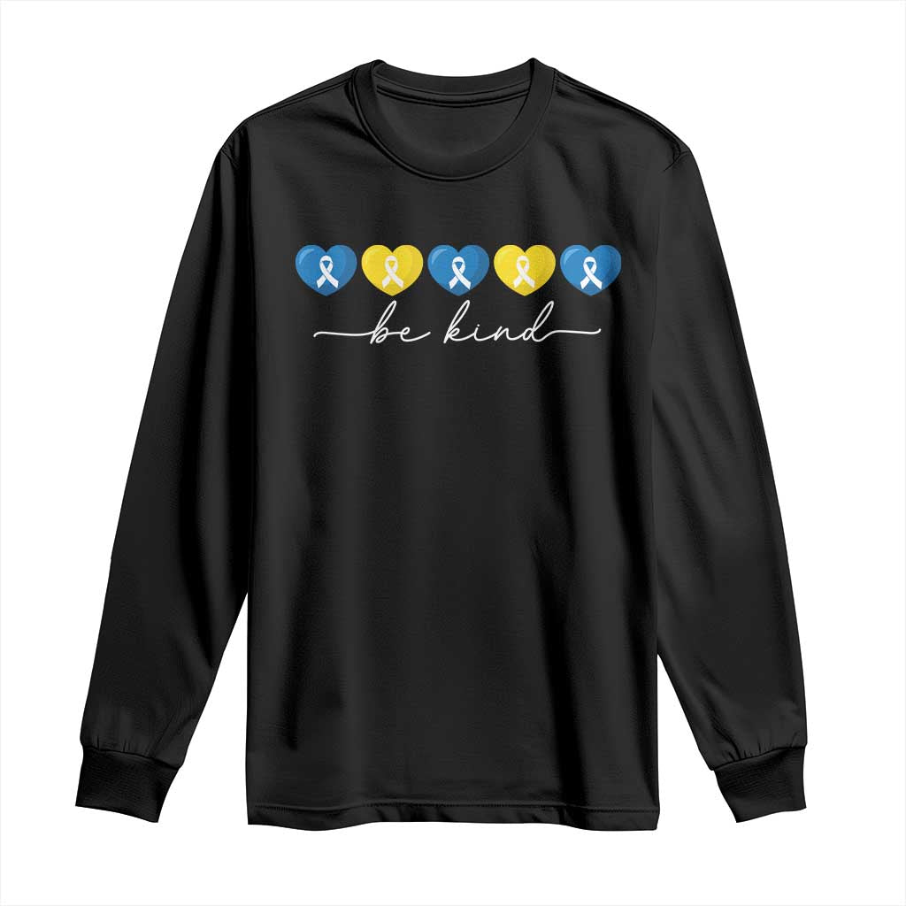 Down Syndrome Awareness Long Sleeve Shirt Blue Yellow Ribbon Be Kind TS10 Black Print Your Wear