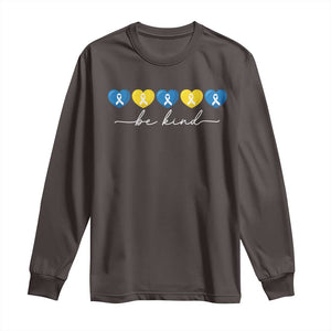 Down Syndrome Awareness Long Sleeve Shirt Blue Yellow Ribbon Be Kind TS10 Dark Chocolate Print Your Wear