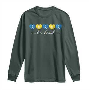 Down Syndrome Awareness Long Sleeve Shirt Blue Yellow Ribbon Be Kind TS10 Dark Forest Green Print Your Wear