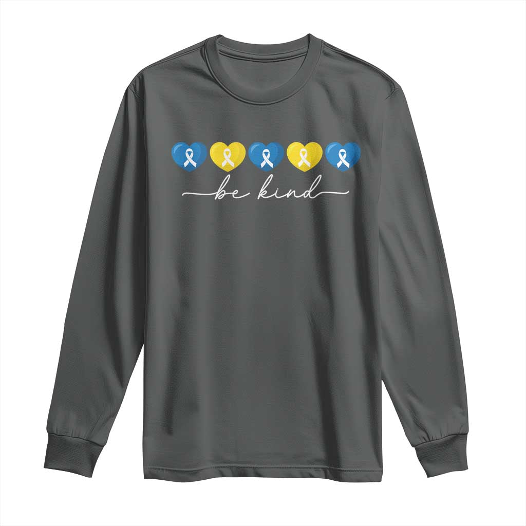 Down Syndrome Awareness Long Sleeve Shirt Blue Yellow Ribbon Be Kind TS10 Dark Heather Print Your Wear