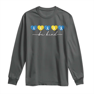 Down Syndrome Awareness Long Sleeve Shirt Blue Yellow Ribbon Be Kind TS10 Dark Heather Print Your Wear