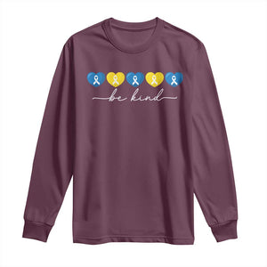 Down Syndrome Awareness Long Sleeve Shirt Blue Yellow Ribbon Be Kind TS10 Maroon Print Your Wear