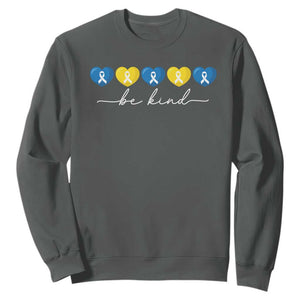 Down Syndrome Awareness Sweatshirt Blue Yellow Ribbon Be Kind TS10 Dark Heather Print Your Wear