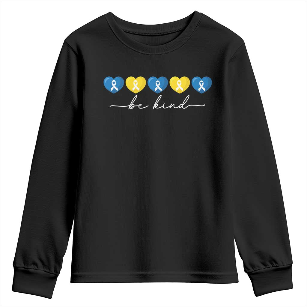Down Syndrome Awareness Youth Sweatshirt Blue Yellow Ribbon Be Kind TS10 Black Print Your Wear