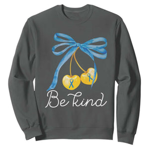 World Down Syndrome Day Sweatshirt Blue Yellow Cherry Bow Coquette Be Kind TS10 Dark Heather Print Your Wear