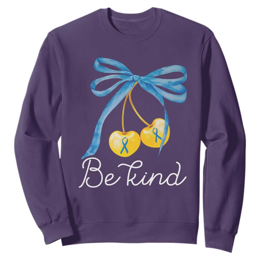 World Down Syndrome Day Sweatshirt Blue Yellow Cherry Bow Coquette Be Kind TS10 Purple Print Your Wear
