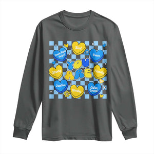 World Down Syndrome Day Long Sleeve Shirt Blue Yellow Ribbon Retro Heart Love TS10 Dark Heather Print Your Wear