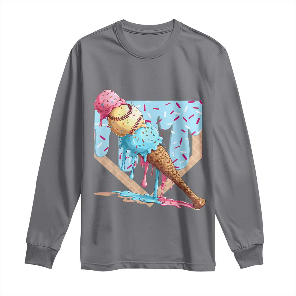 Baseball Ice Cream Dripping Long Sleeve Shirt Baseball Bat Home Plate Drip TS10 Charcoal Print Your Wear