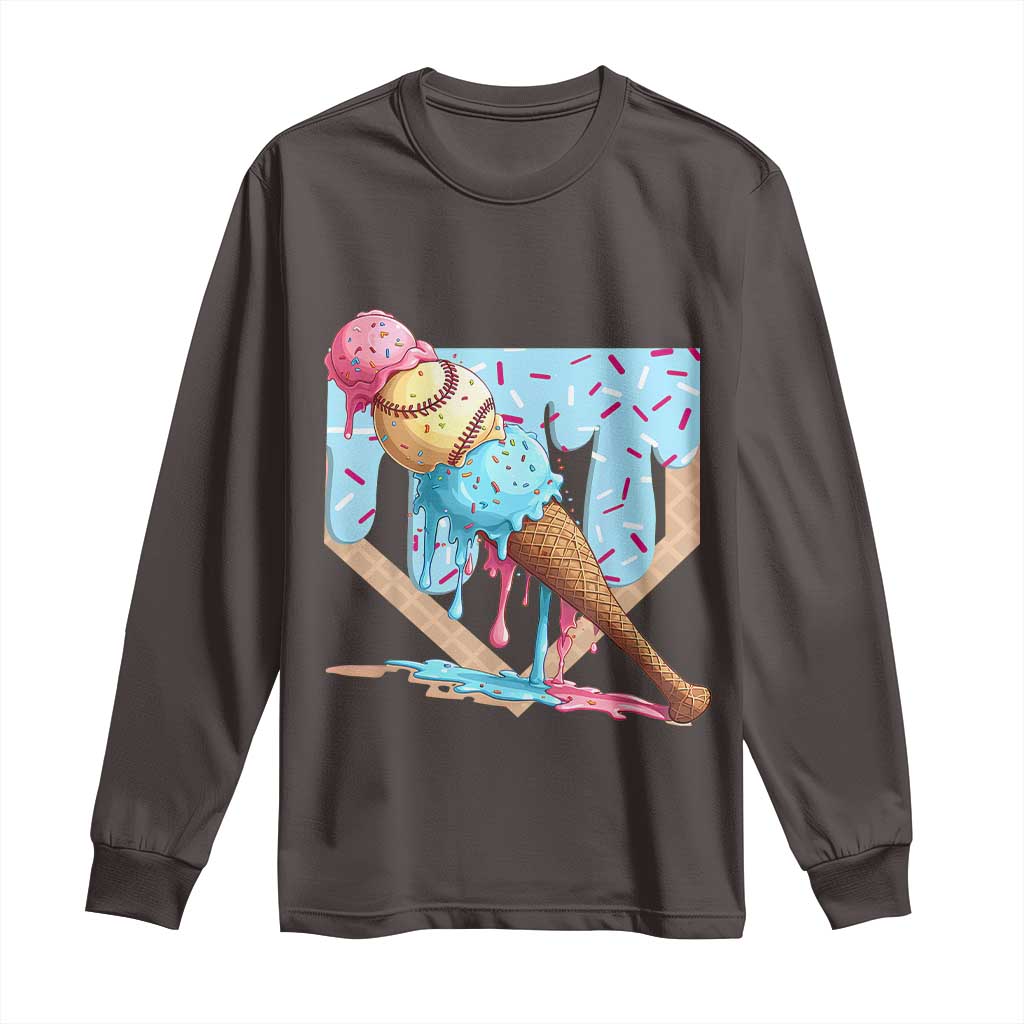 Baseball Ice Cream Dripping Long Sleeve Shirt Baseball Bat Home Plate Drip TS10 Dark Chocolate Print Your Wear