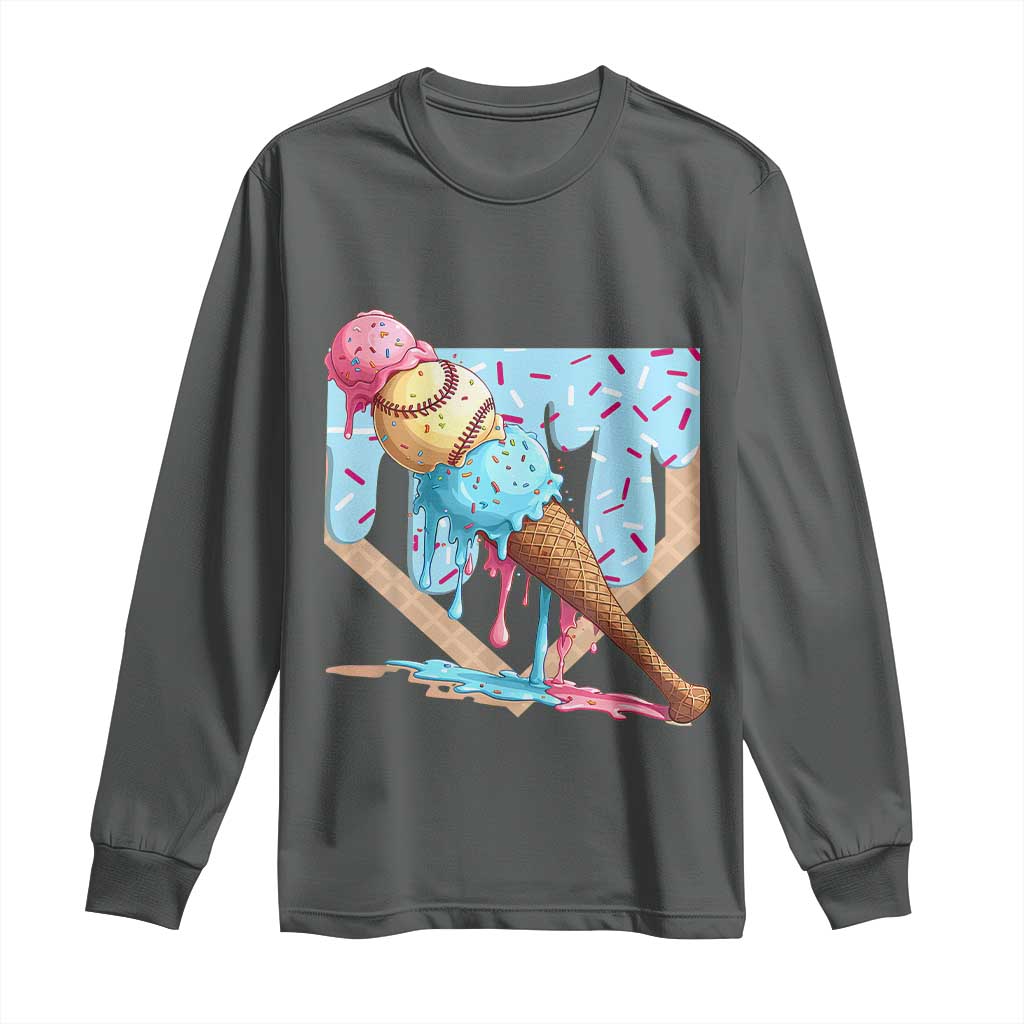 Baseball Ice Cream Dripping Long Sleeve Shirt Baseball Bat Home Plate Drip TS10 Dark Heather Print Your Wear