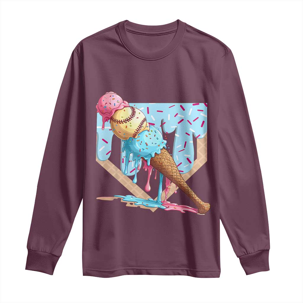 Baseball Ice Cream Dripping Long Sleeve Shirt Baseball Bat Home Plate Drip TS10 Maroon Print Your Wear