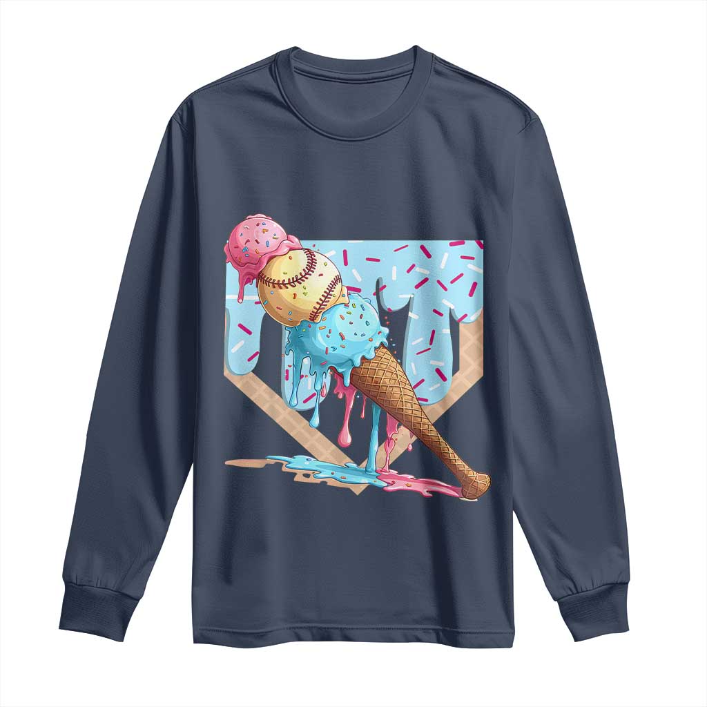 Baseball Ice Cream Dripping Long Sleeve Shirt Baseball Bat Home Plate Drip TS10 Navy Print Your Wear