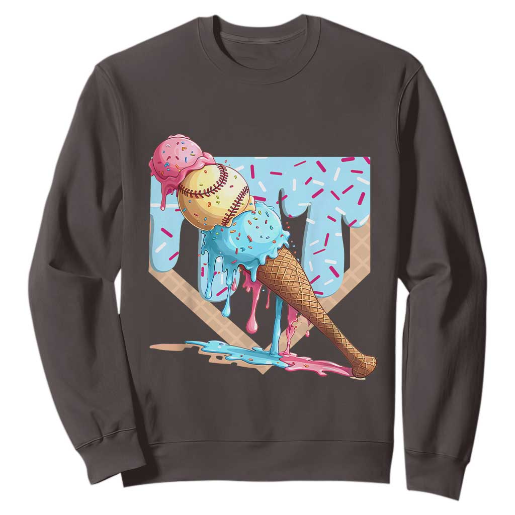 Baseball Ice Cream Dripping Sweatshirt Baseball Bat Home Plate Drip TS10 Dark Chocolate Print Your Wear