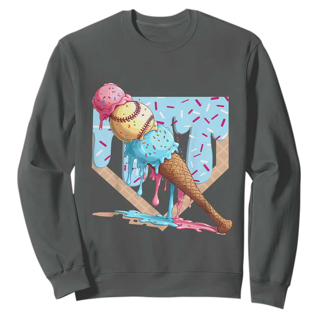 Baseball Ice Cream Dripping Sweatshirt Baseball Bat Home Plate Drip TS10 Dark Heather Print Your Wear