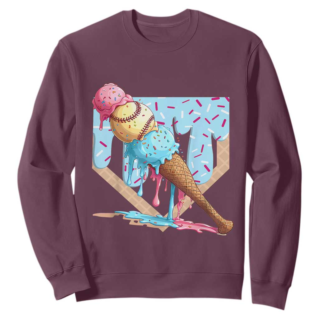 Baseball Ice Cream Dripping Sweatshirt Baseball Bat Home Plate Drip TS10 Maroon Print Your Wear
