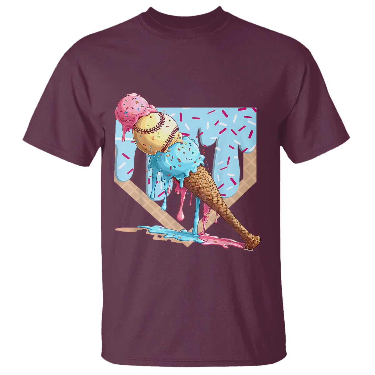 Baseball Ice Cream Dripping T Shirt Baseball Bat Home Plate Drip TS10 Maroon Print Your Wear