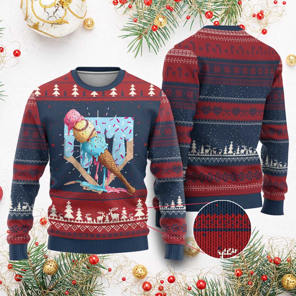 Baseball Ice Cream Dripping Knit Sweatshirt Baseball Bat Home Plate Drip TS10 Burgundy Print Your Wear