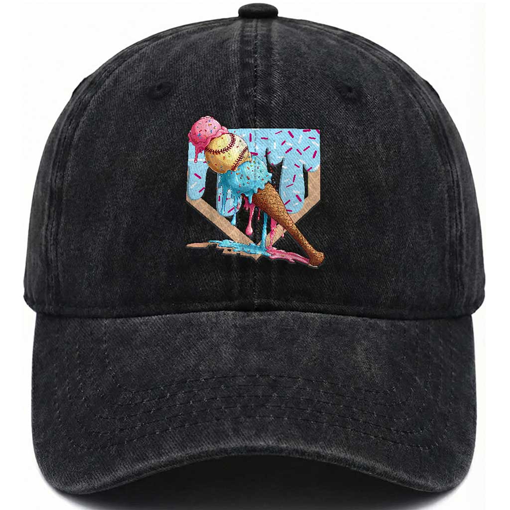 Baseball Ice Cream Dripping Washed Cotton Baseball Cap Baseball Bat Home Plate Drip TS10 Washed Cap Universal Fit Black Print Your Wear