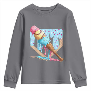 Baseball Ice Cream Dripping Youth Sweatshirt Baseball Bat Home Plate Drip TS10 Charcoal Print Your Wear