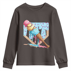 Baseball Ice Cream Dripping Youth Sweatshirt Baseball Bat Home Plate Drip TS10 Dark Chocolate Print Your Wear