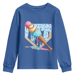 Baseball Ice Cream Dripping Youth Sweatshirt Baseball Bat Home Plate Drip TS10 Royal Blue Print Your Wear