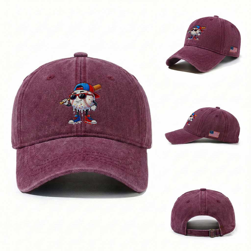 Baseball Drip Ice Cream Washed Cotton Baseball Cap Youth Drip Baseball Boys Kid Red White And Blue TS10 Washed Cap Universal Fit Burgundy Print Your Wear