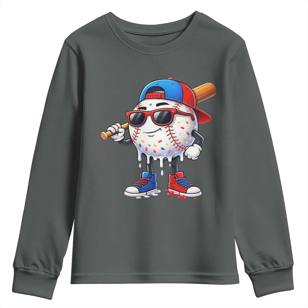 Baseball Drip Ice Cream Youth Sweatshirt Youth Drip Baseball Boys Kid Red White And Blue TS10 Dark Heather Print Your Wear