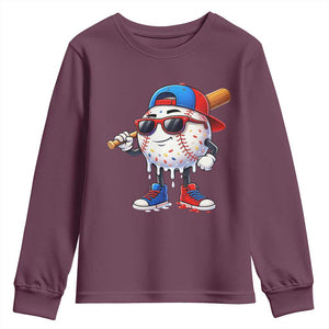 Baseball Drip Ice Cream Youth Sweatshirt Youth Drip Baseball Boys Kid Red White And Blue TS10 Maroon Print Your Wear