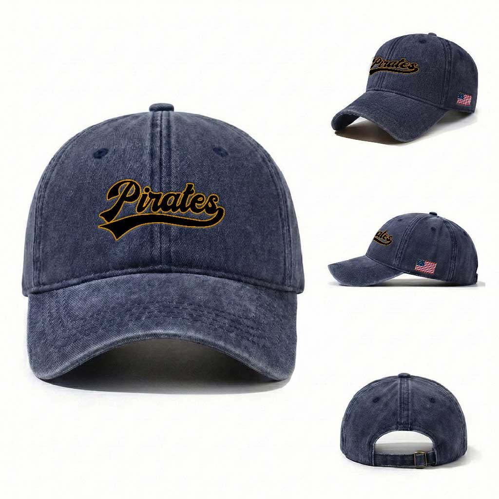 Vintage Pirates Washed Cotton Baseball Cap Varsity Script Retro Sports Jersey Style Baseball Fans TS10 Washed Cap Universal Fit Navy Print Your Wear