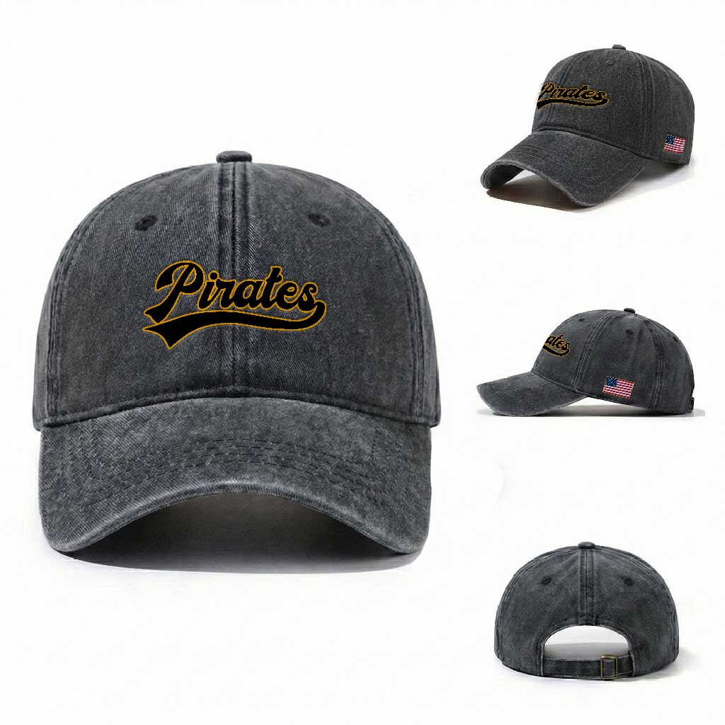 Vintage Pirates Washed Cotton Baseball Cap Varsity Script Retro Sports Jersey Style Baseball Fans TS10 Washed Cap Universal Fit Dark Gray Print Your Wear