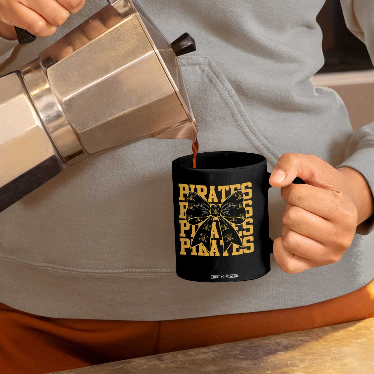 Pirates Coquette Bow Coffee Mug Retro Sports Style Pirate Skull TS10 Print Your Wear