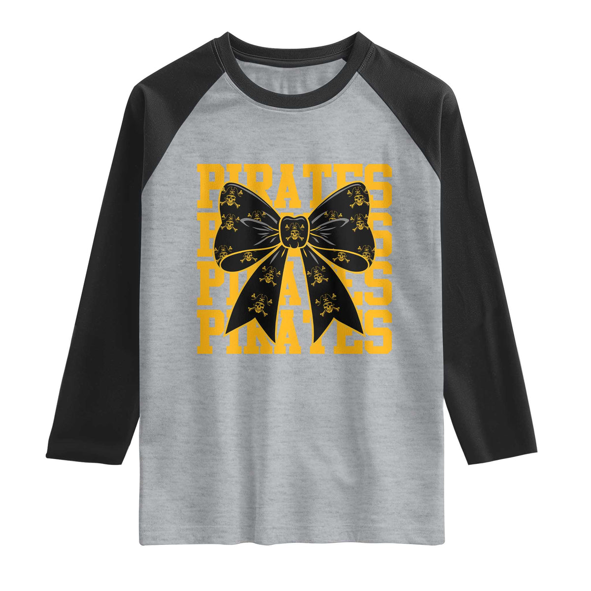 Pirates Coquette Bow Raglan Shirt Retro Sports Style Pirate Skull TS10 Heather Gray Black Print Your Wear