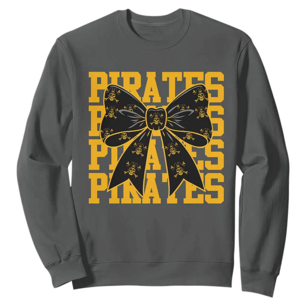 Pirates Coquette Bow Sweatshirt Retro Sports Style Pirate Skull TS10 Dark Heather Print Your Wear