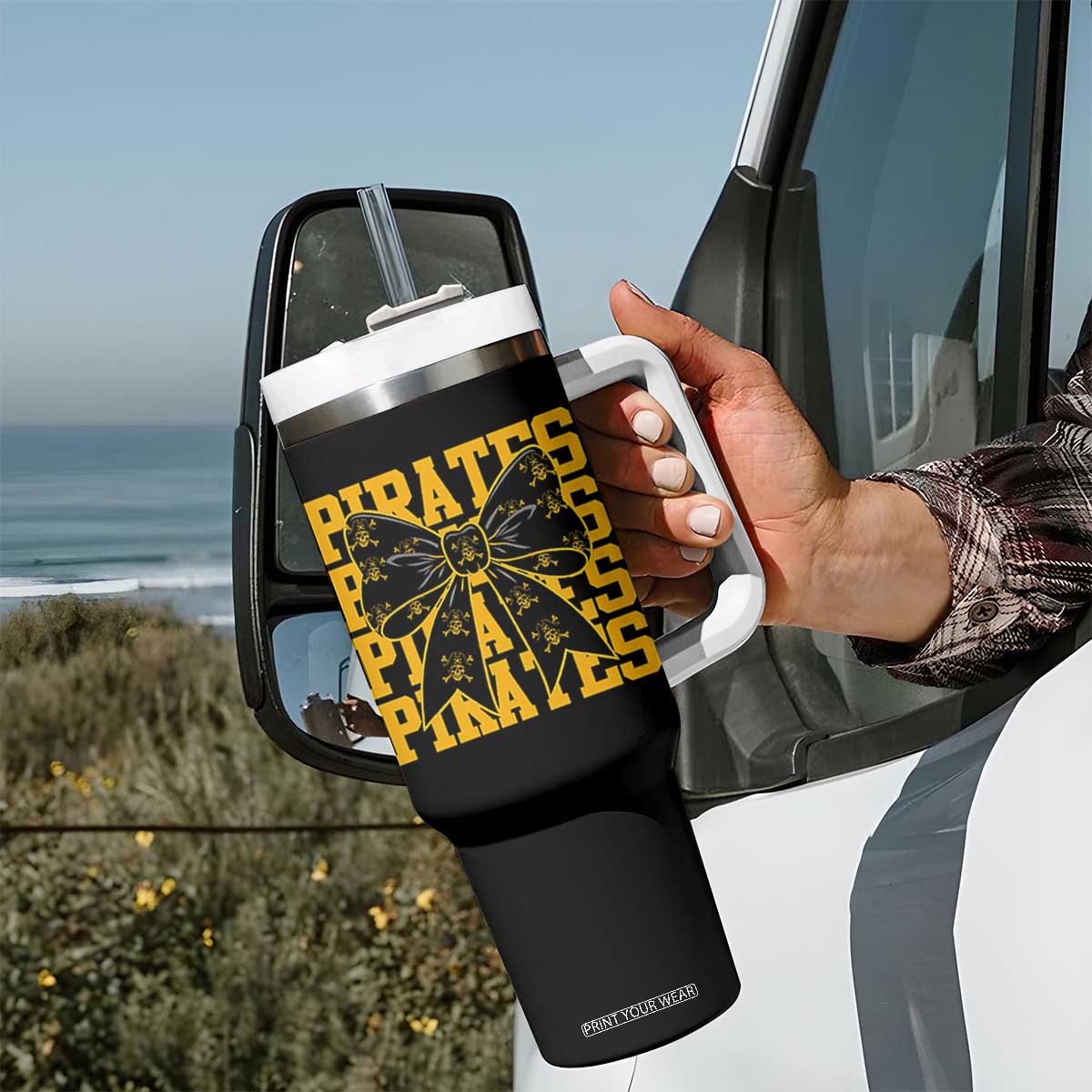 Pirates Coquette Bow Tumbler With Handle Retro Sports Style Pirate Skull TS10 Print Your Wear