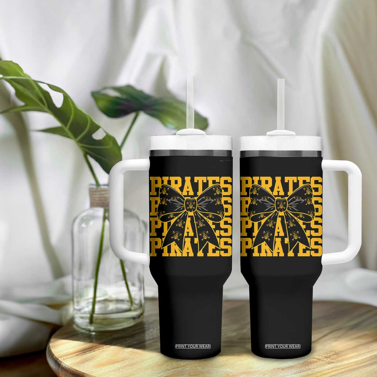 Pirates Coquette Bow Tumbler With Handle Retro Sports Style Pirate Skull TS10 Print Your Wear