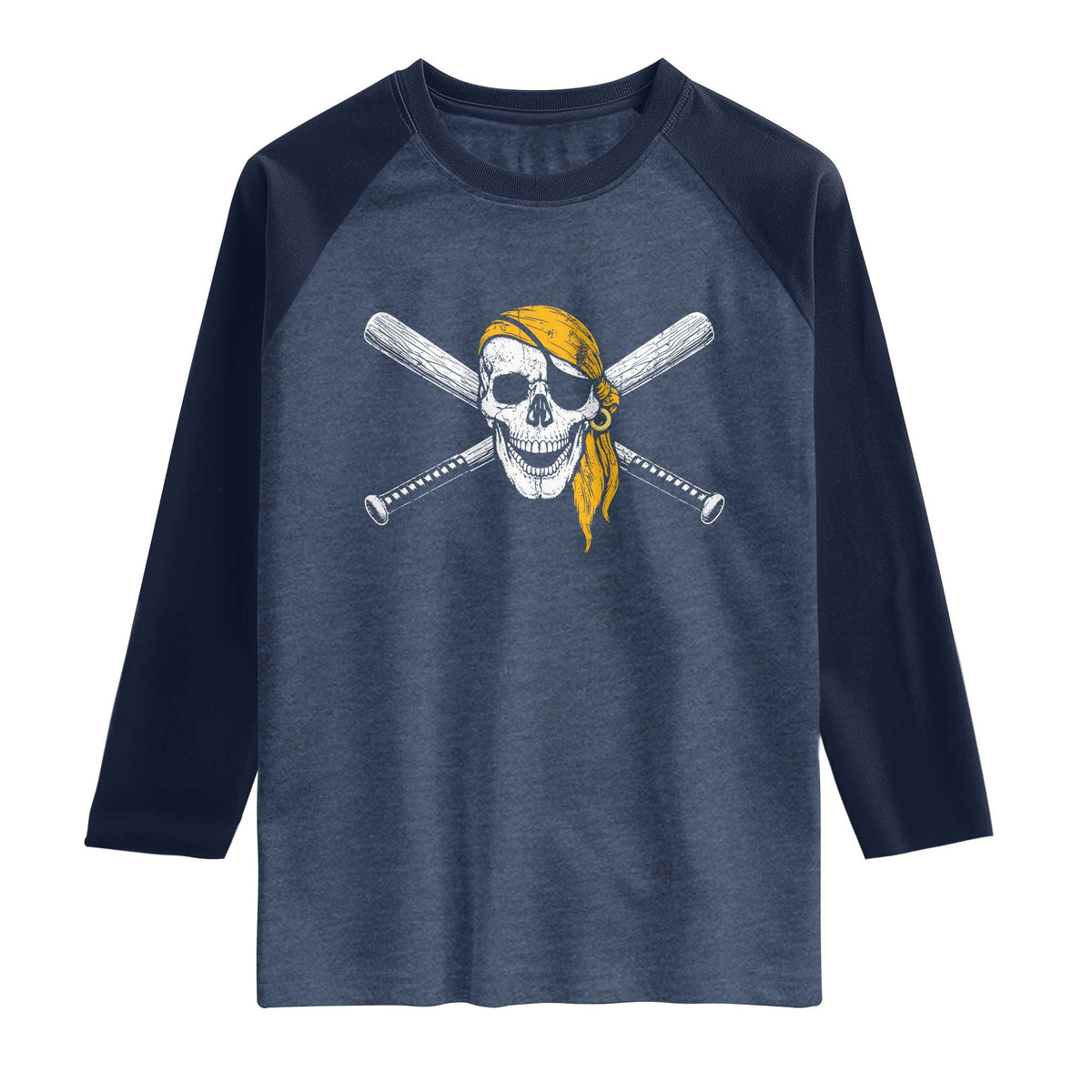 Baseball Pirate Skull Raglan Shirt Retro Vintage Cross Baseball Bats TS10 Heather Denim Navy Print Your Wear