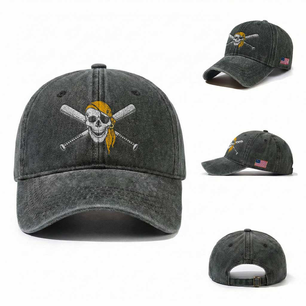 Baseball Pirate Skull Washed Cotton Baseball Cap Retro Vintage Cross Baseball Bats TS10 Washed Cap Universal Fit Dark Green Print Your Wear